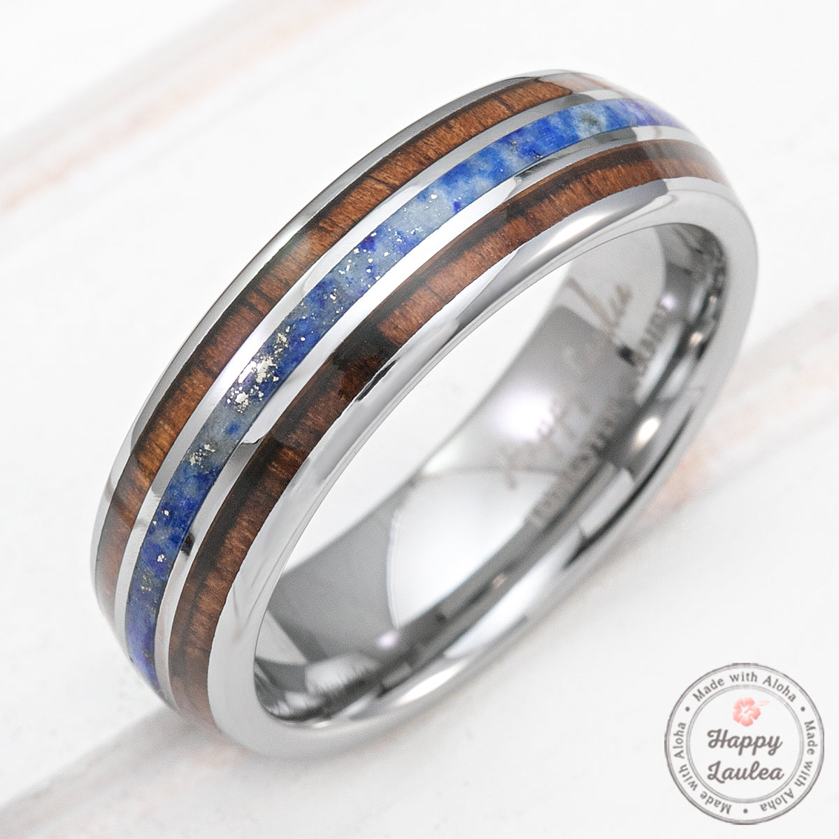 Tungsten Carbide 6mm Ring with Lapis & Koa Wood Tri-Inlay - Dome Shape, Comfort Fitment