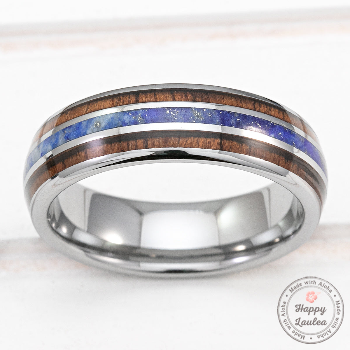 Tungsten Carbide 6mm Ring with Lapis & Koa Wood Tri-Inlay - Dome Shape, Comfort Fitment