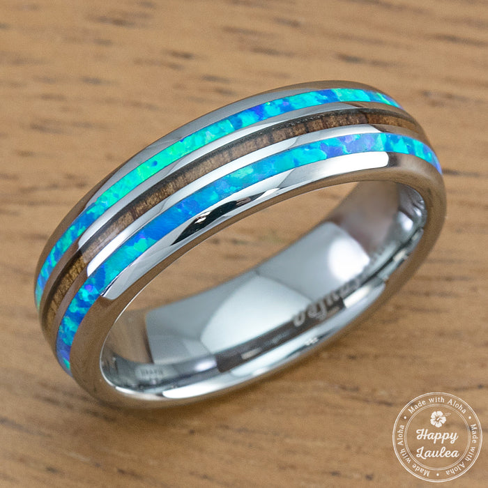 Tungsten Carbide Ring [6mm width] Blue Opal & Hawaiian Koa Wood