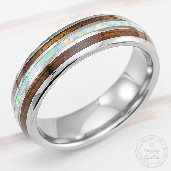 Tungsten Carbide 6mm Ring with White Opal & Hawaiian Koa Wood Tri Inlay - Dome Shape, Comfort Fitment