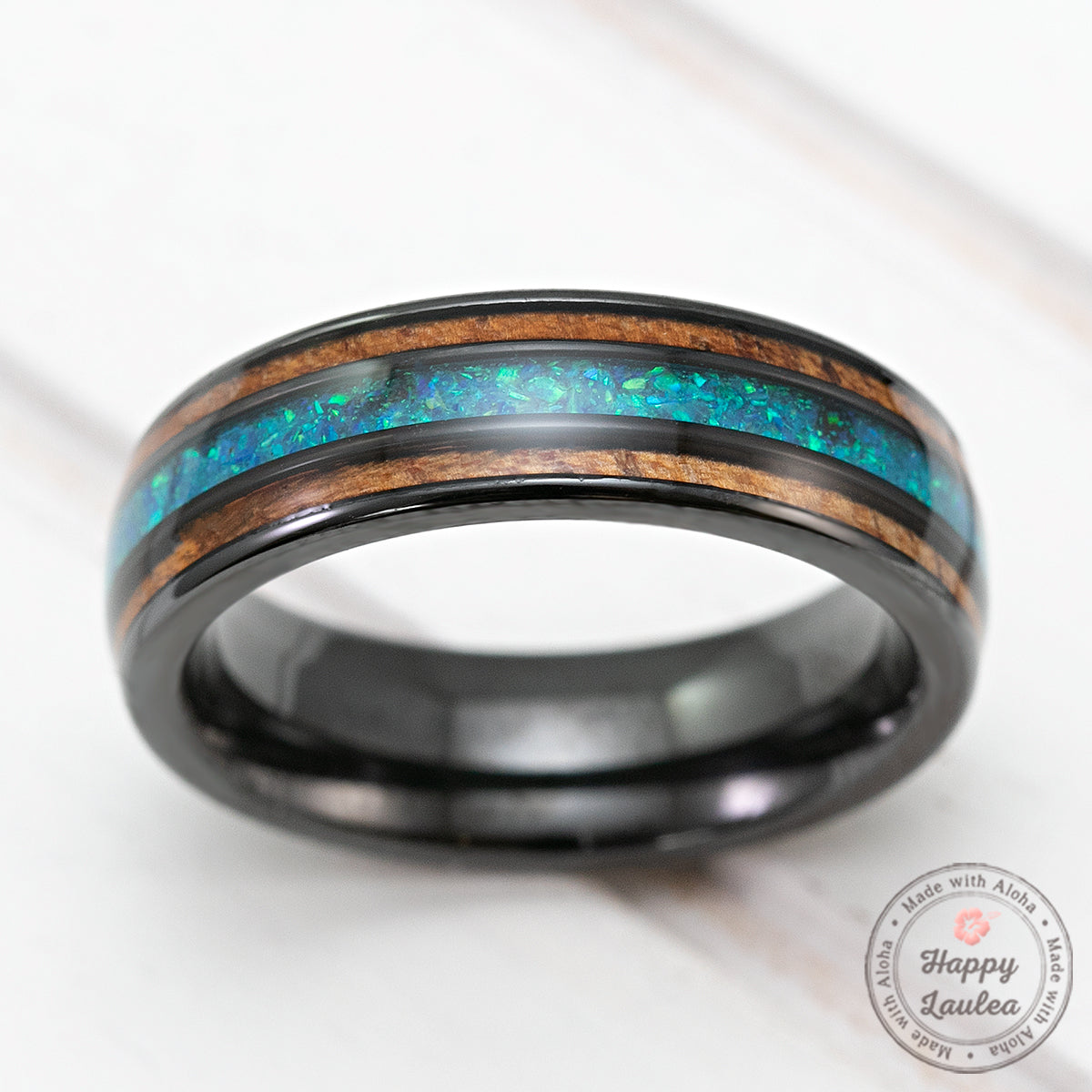 Black Zirconium Ring with Azure Blue Opal & Hawaiian Koa Wood Tri-Inlay - 6mm, Dome Shape, Comfort Fitment