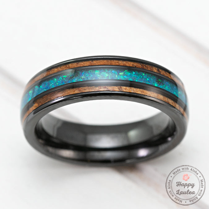 Black Zirconium Ring with Azure Blue Opal & Hawaiian Koa Wood Tri-Inlay - 6mm, Dome Shape, Comfort Fitment