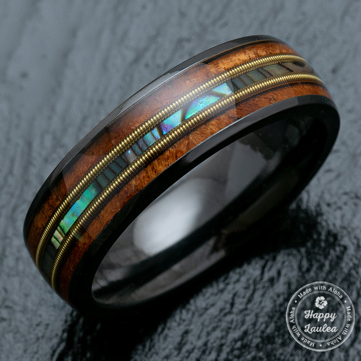 Black Zirconium Ring with Guitar String, Abalone Shell, & Koa Wood Tri-Inlay - 6mm, Dome Shape, Comfort Fitment