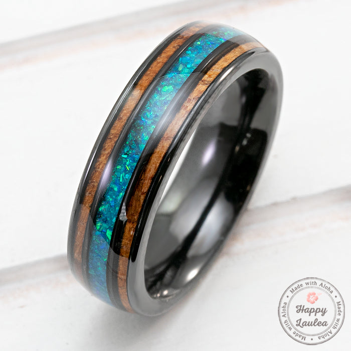 Black Zirconium Ring with Azure Blue Opal & Hawaiian Koa Wood Tri-Inlay - 6mm, Dome Shape, Comfort Fitment
