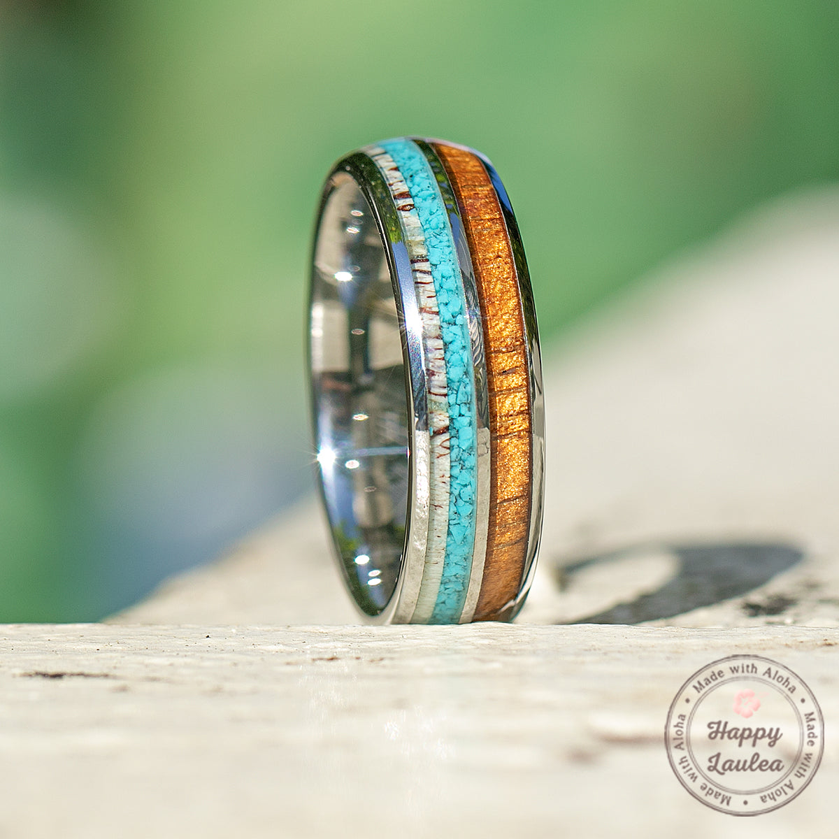 Tungsten Carbide with Antler, Turquoise, & Hawaiian Koa Wood - 6mm, Dome Shape, Comfort Fitment