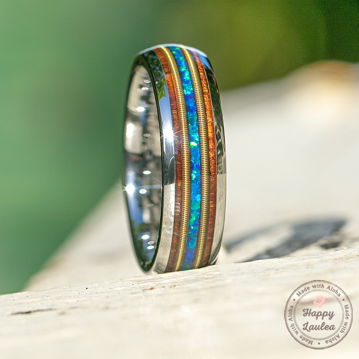 Tungsten Carbide Ring with Guitar String, Azure Blue Opal, & Koa Wood / 6mm / Dome Shape / Comfort Fitment