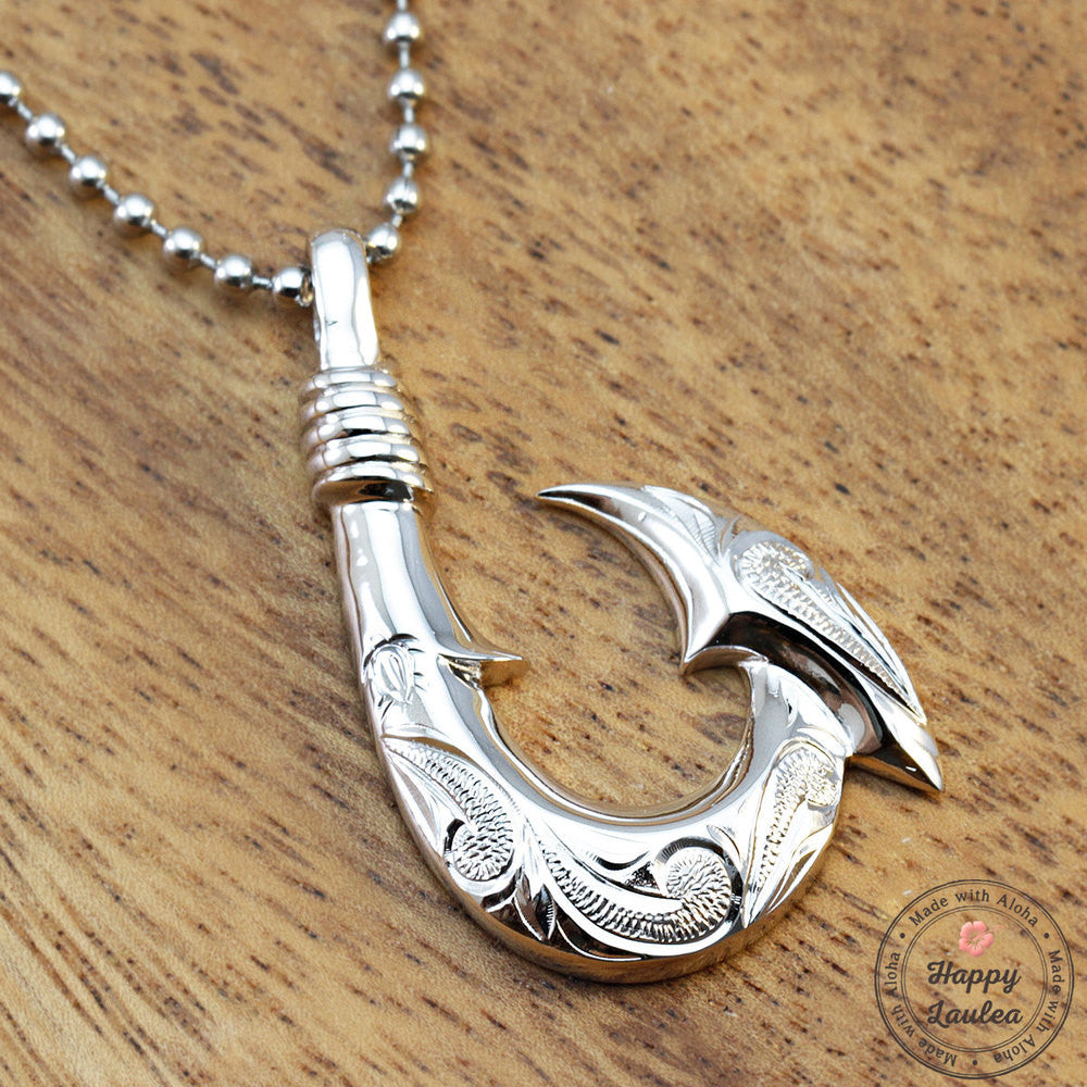 Sterling Silver Fish Hook Pendant Hand Engraved with Hawaiian Scroll D