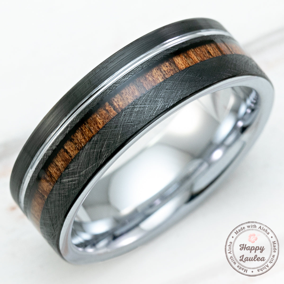 Black & White Gold Tungsten Carbide Ring with Offset strip and Koa Wood Inlay -7.5mm Flat Shape, Comfort Fitment