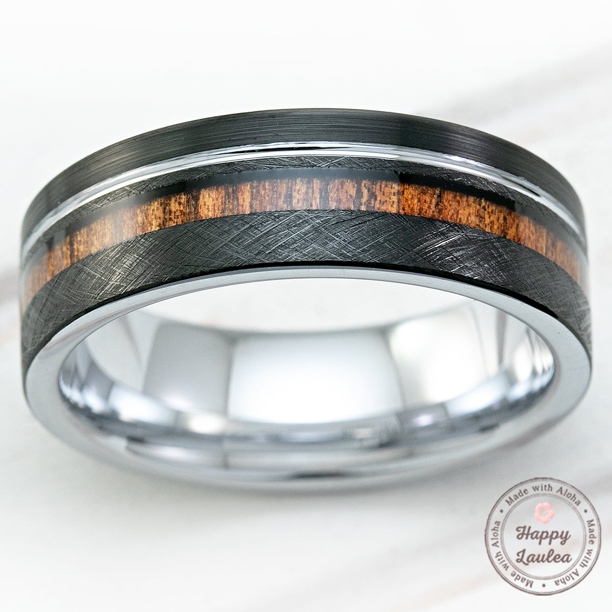 Black & White Gold Tungsten Carbide Ring with Offset strip and Koa Wood Inlay -7.5mm Flat Shape, Comfort Fitment