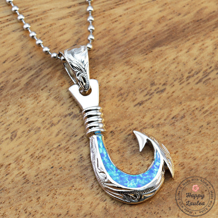 Silver Hawaiian Fish Hook Pendant with Opal Inlay