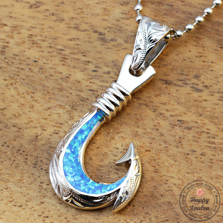 Sterling Silver Hawaiian Fish Hook Pendant with Opal Inlay
