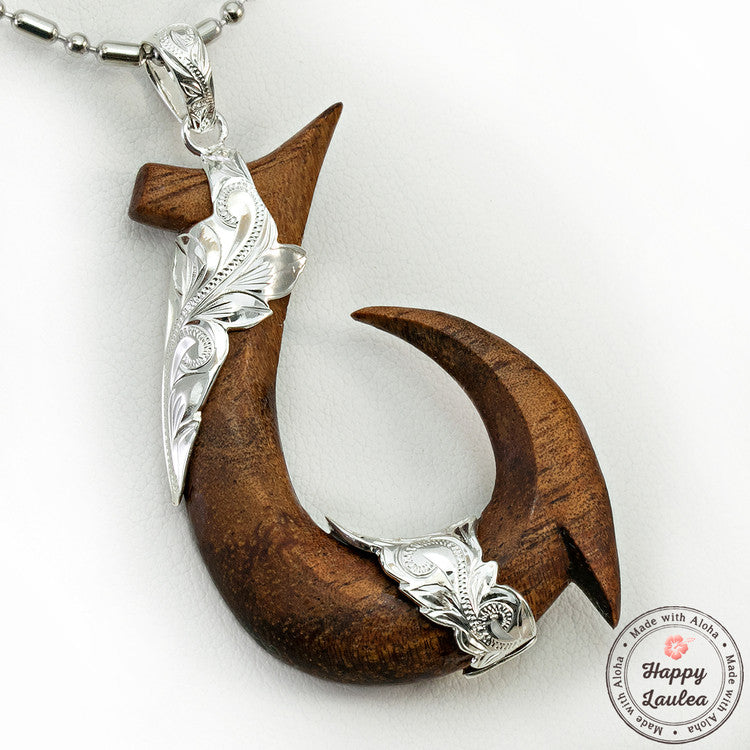 Solid Hawaiian Koa Wood Sterling Silver Fish Hook 'Makau' Necklace Pen