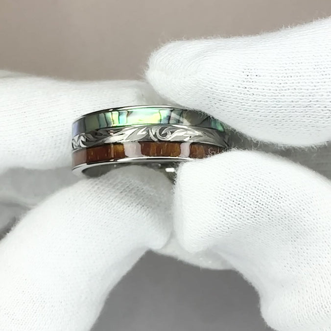 Titanium Hand Engraved Ring [8mm width] Abalone Shell & Hawaiian Koa Wood Inlay