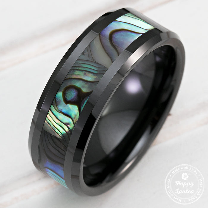 HI-TECH Black Ceramic Beveled Edged Ring with Abalone Pau'a Shell Inlay - 8mm, Flat Shape, Comfort Fitment
