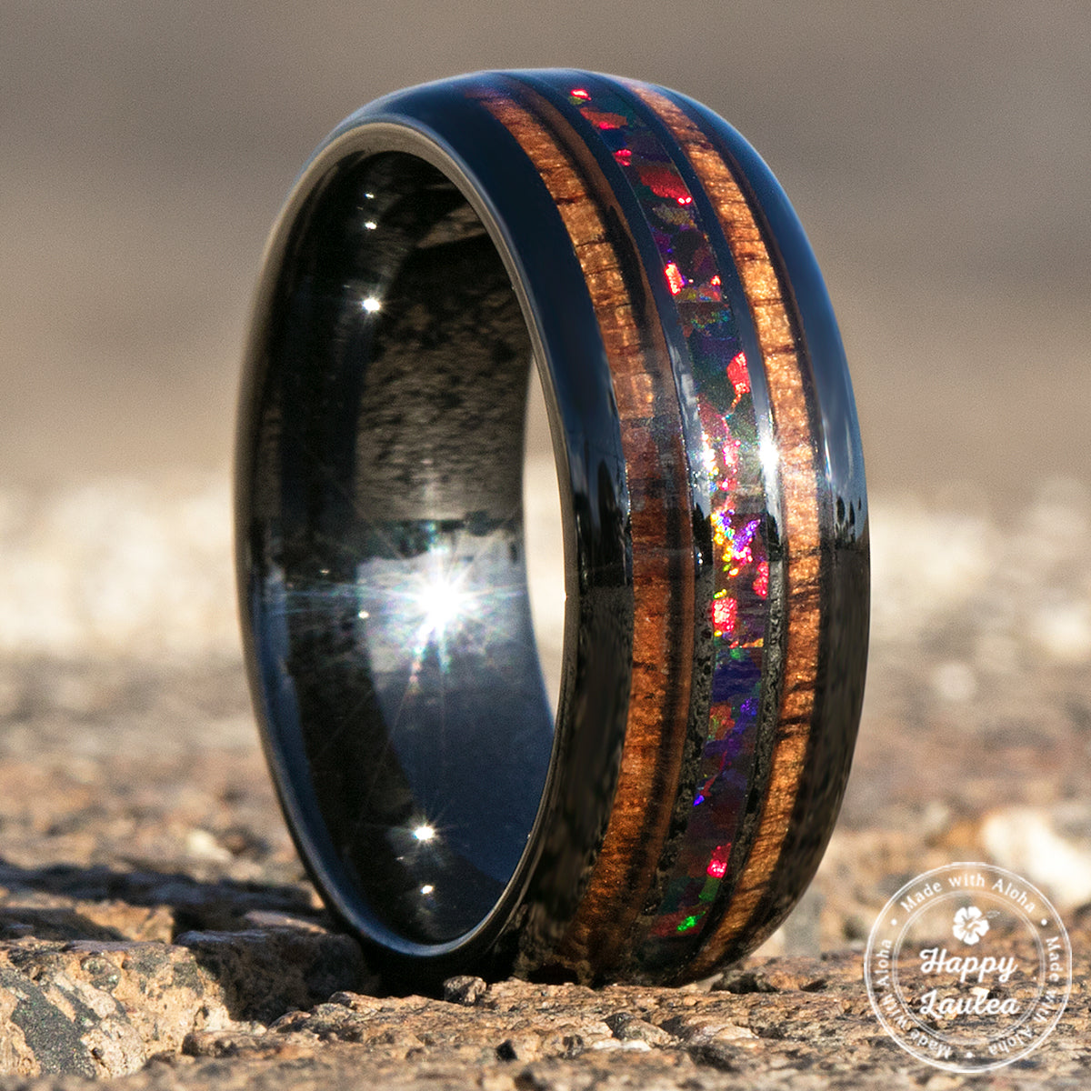 HI-TECH Black Ceramic Ring with Fire Opal & Koa Wood Tri Inlay Inlay - 8mm, Dome Shape, Comfort Fitment