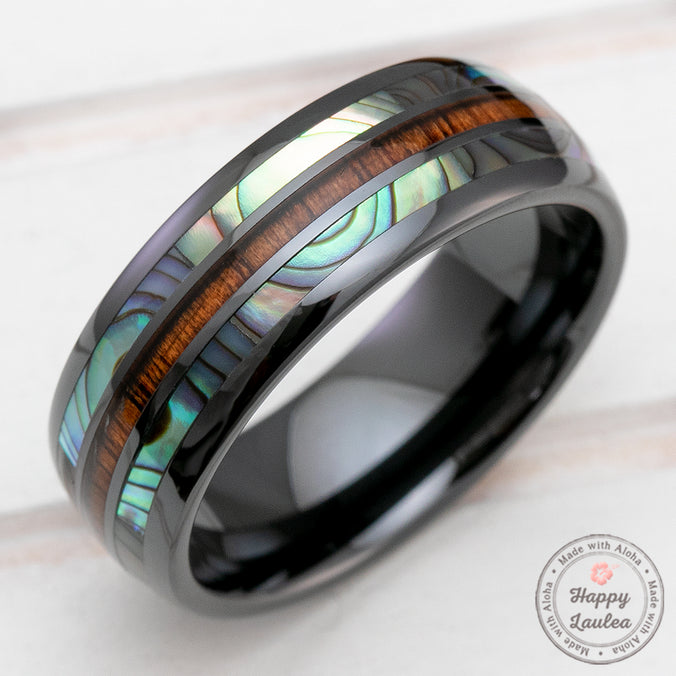 HI-TECH Black Ceramic Rings with Abalone Shell & Koa Wood Tri-Inlay (Shell-Wood-Shell) - 8mm, Dome Shape, Comfort Fitment