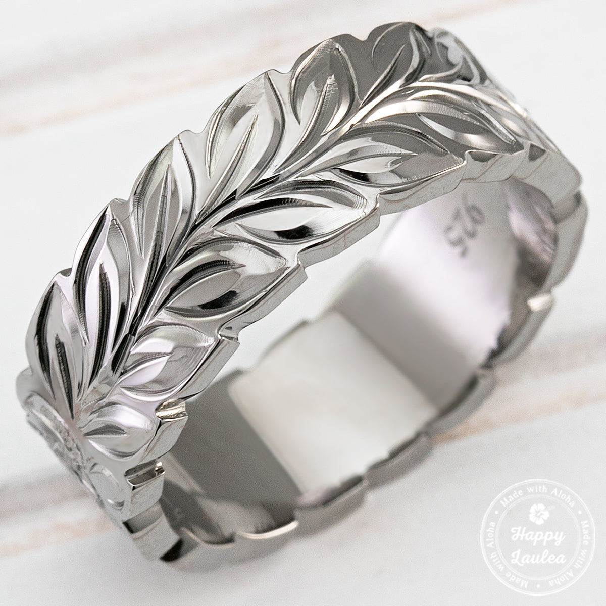 Black Rhodium 925 Sterling Silver Hand Engraved Ring with Maile Leaf & Hawaiian Sea Turtle Design - 8mm, Flat Shape, Comfort Fitment