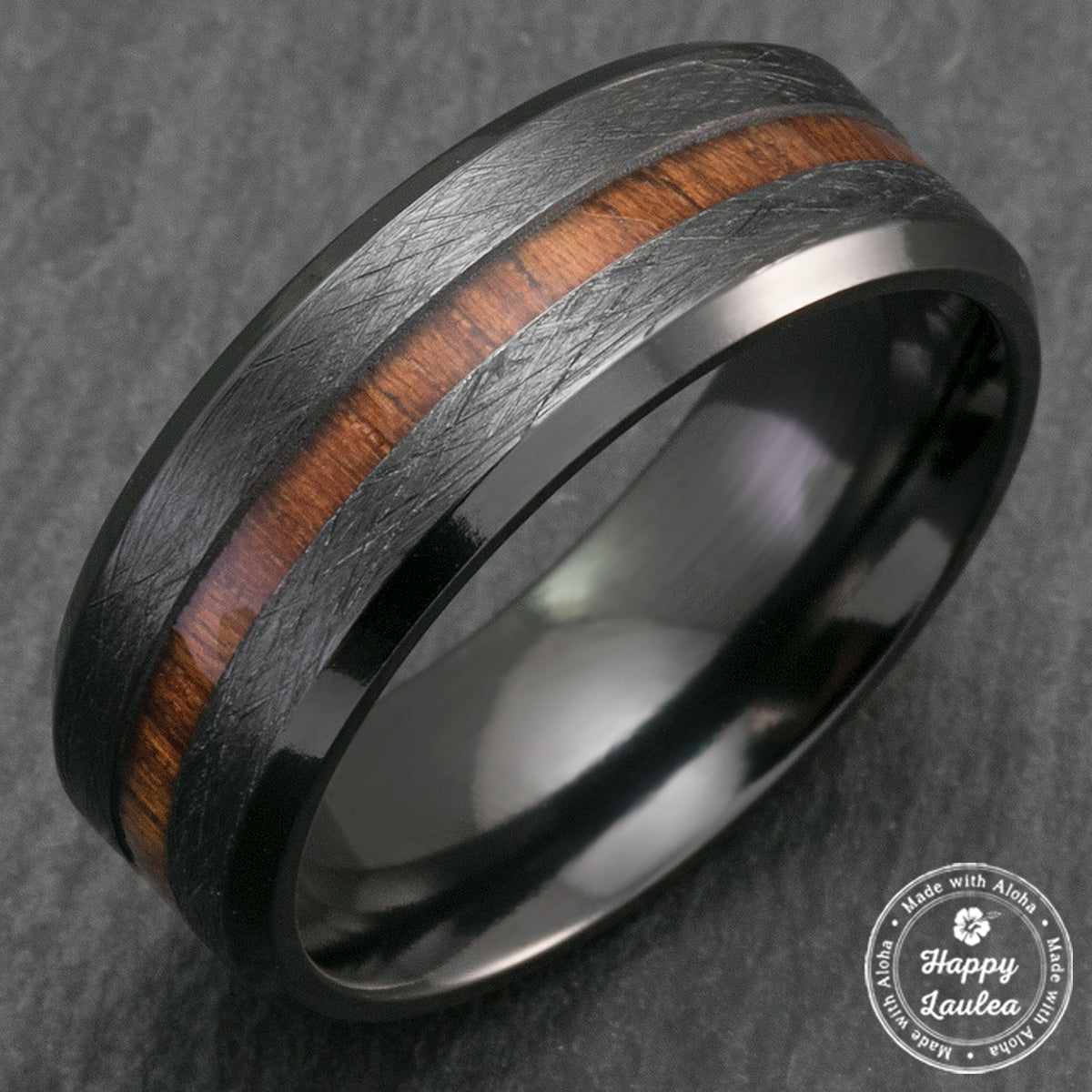 Black Zirconium Cross Brushed Beveled Edge Ring with Hawaiian Koa Wood Inlay - 8mm, Flat Shape, Comfort Fitment