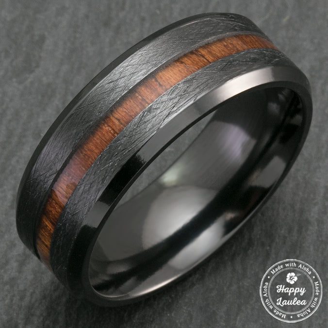 Black Zirconium Cross Brushed Beveled Edge Ring with Hawaiian Koa Wood Inlay - 8mm, Flat Shape, Comfort Fitment
