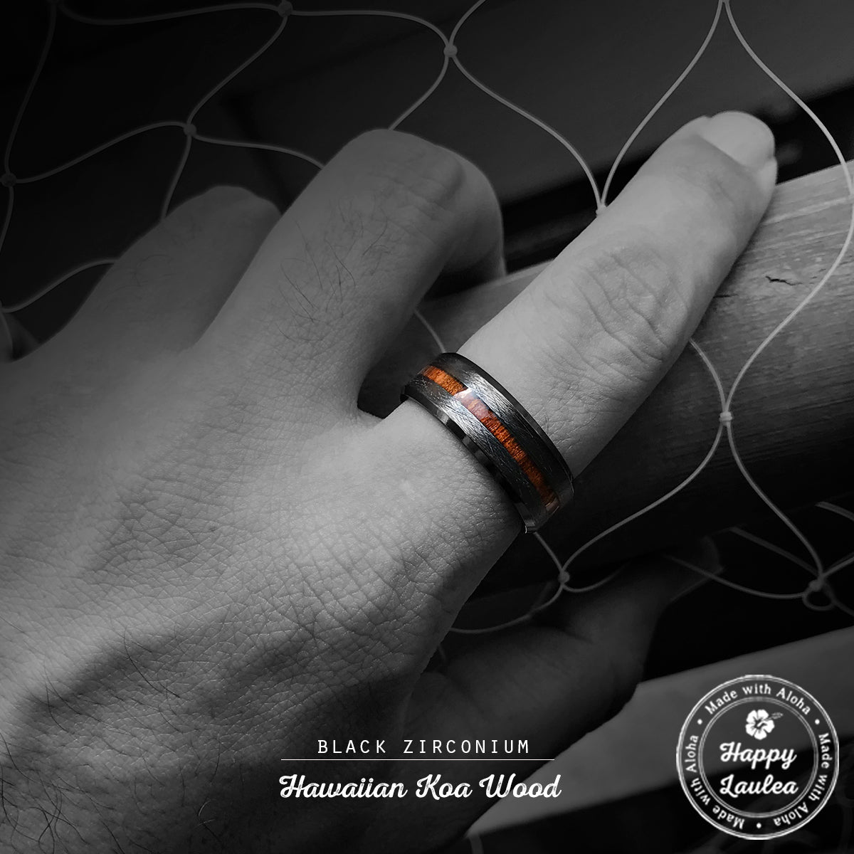 Black Zirconium Cross Brushed Beveled Edge Ring with Hawaiian Koa Wood Inlay - 8mm, Flat Shape, Comfort Fitment