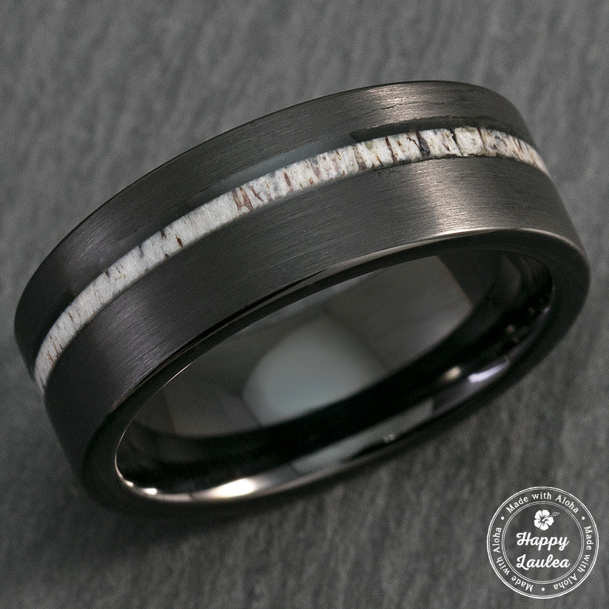 Black Tungsten Carbide Brush Finish Ring with Offset Antler Inlay - 8mm, Flat Shape, Comfort Fitment