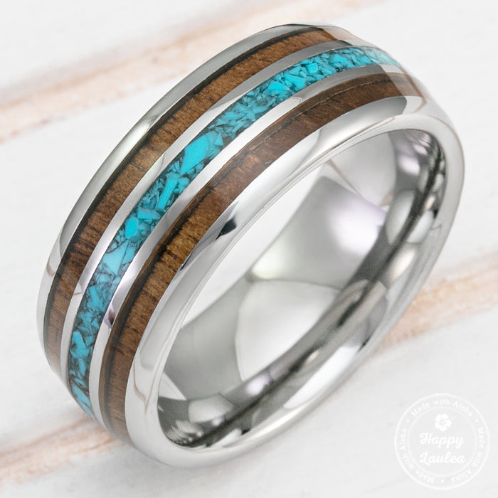Tungsten Carbide Ring with Crushed Turquoise & Hawaiian Koa Wood Inlay - 8mm, Dome Shape, Comfort Fitment