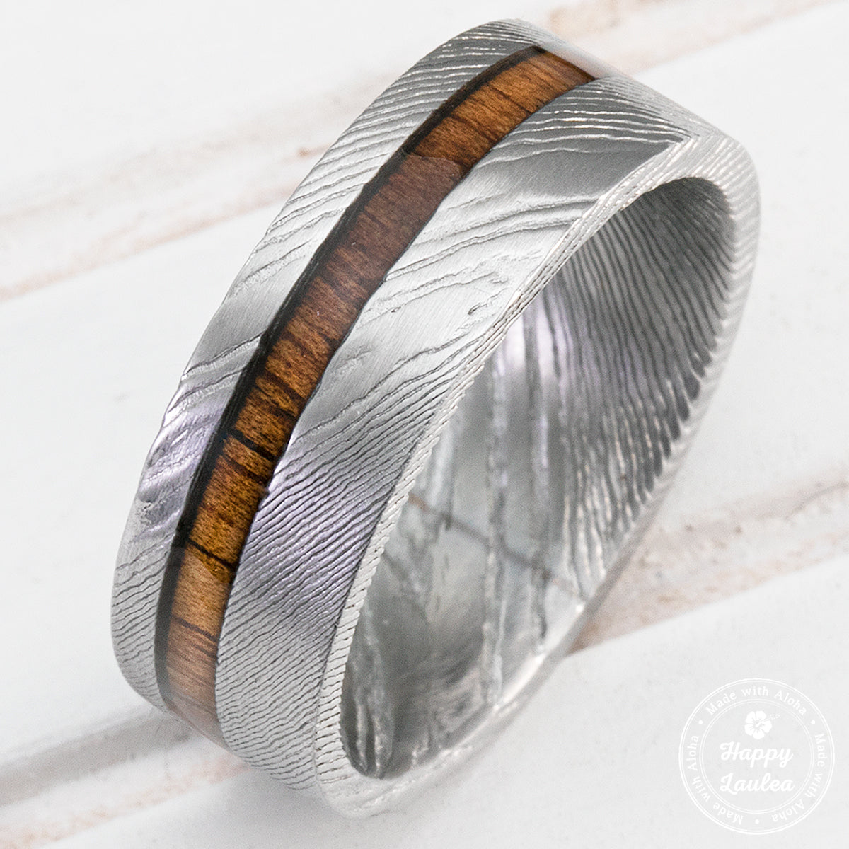 Damascus Steel Ring with Hawaiian Koa Wood Offset Inlay - 8mm, Flat Shape, Comfort Fitment