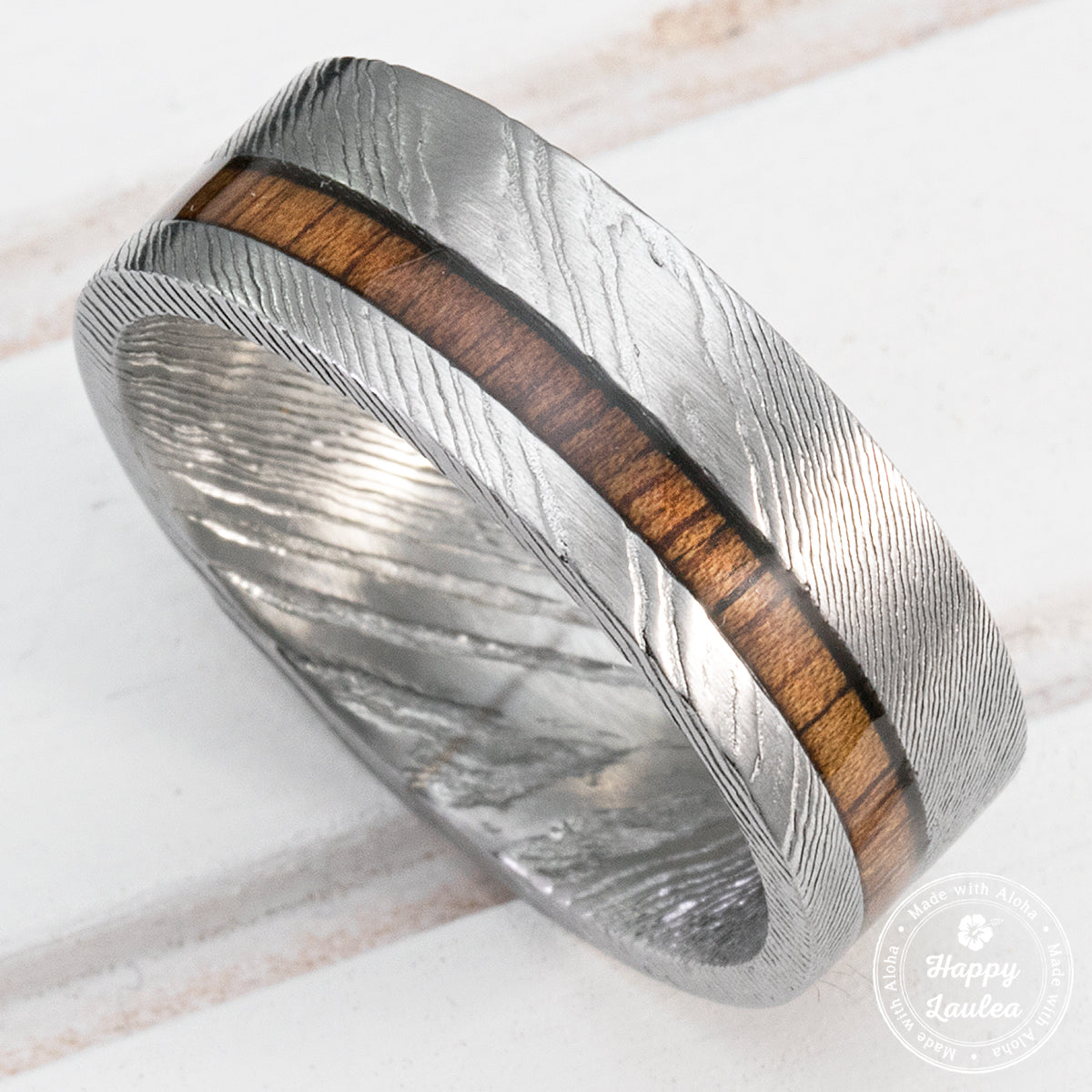 Damascus Steel Ring with Hawaiian Koa Wood Offset Inlay - 8mm, Flat Shape, Comfort Fitment