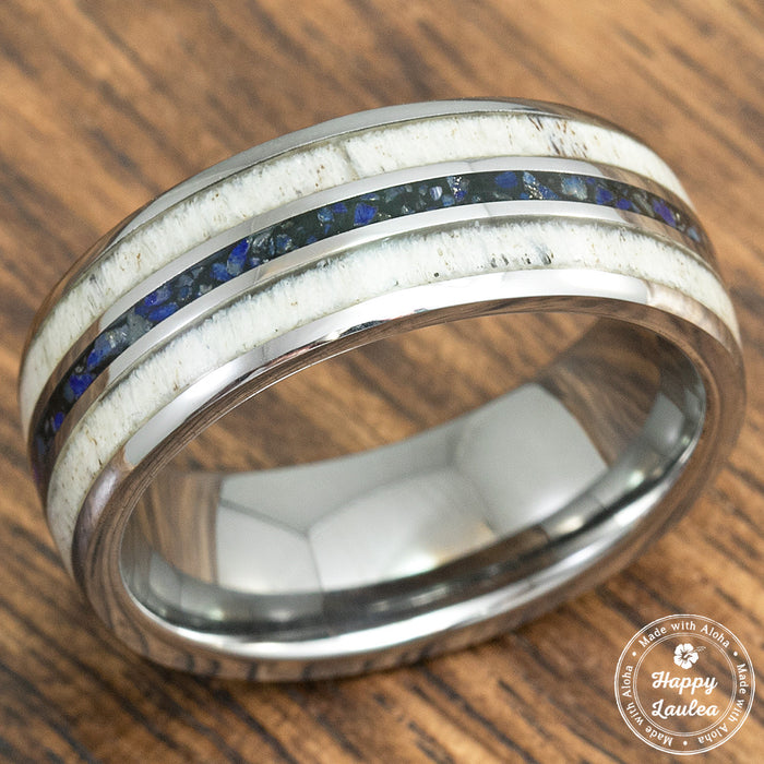 Tungsten Carbide Ring with Crushed Lapis Lazuli & Antler Tri-Inlay - 8mm, Dome Shape, Comfort Fitment