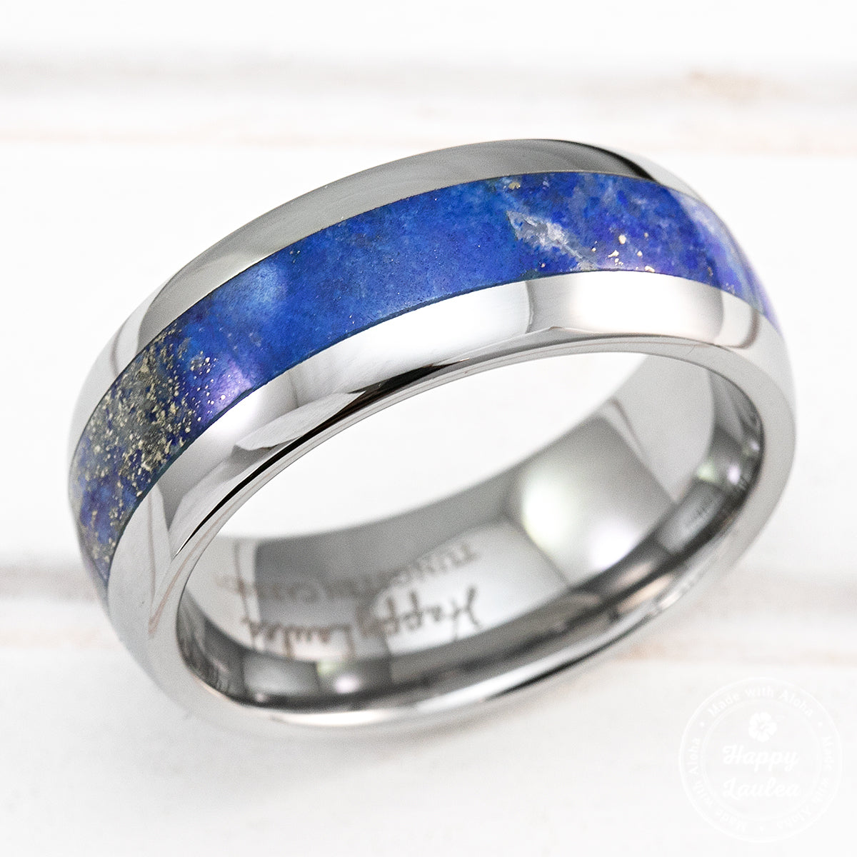 Pair of 4&8mm Tungsten Carbide Rings with Lapis Lazuli Inlay - Dome Shape, Comfort Fitment