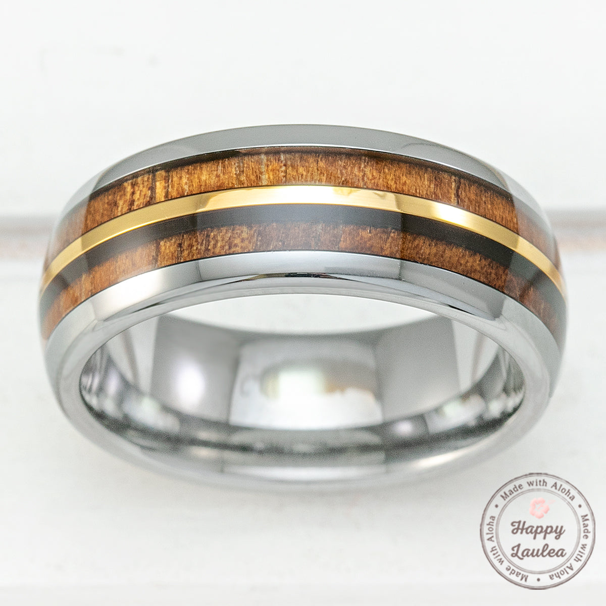 Tungsten Carbide with Gold Strip Ring & Hawaiian Koa Wood Duo-Inlay - 8mm, Dome Shape, Comfort Fitment