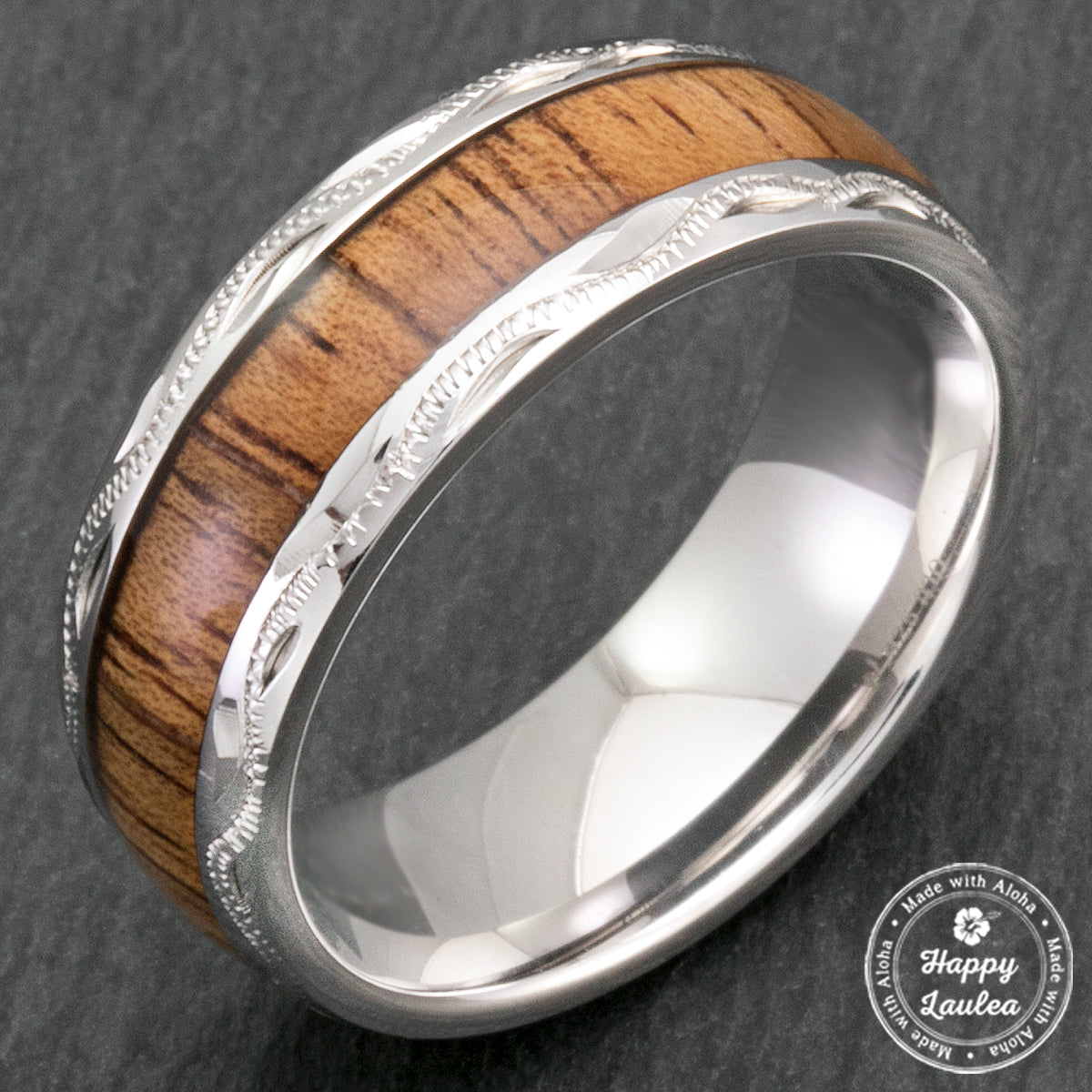 Sterling Silver Hand Engraved Hawaiian Jewelry Ring with Koa Wood Inlay - 8mm, Dome Shape, Comfort Fitment