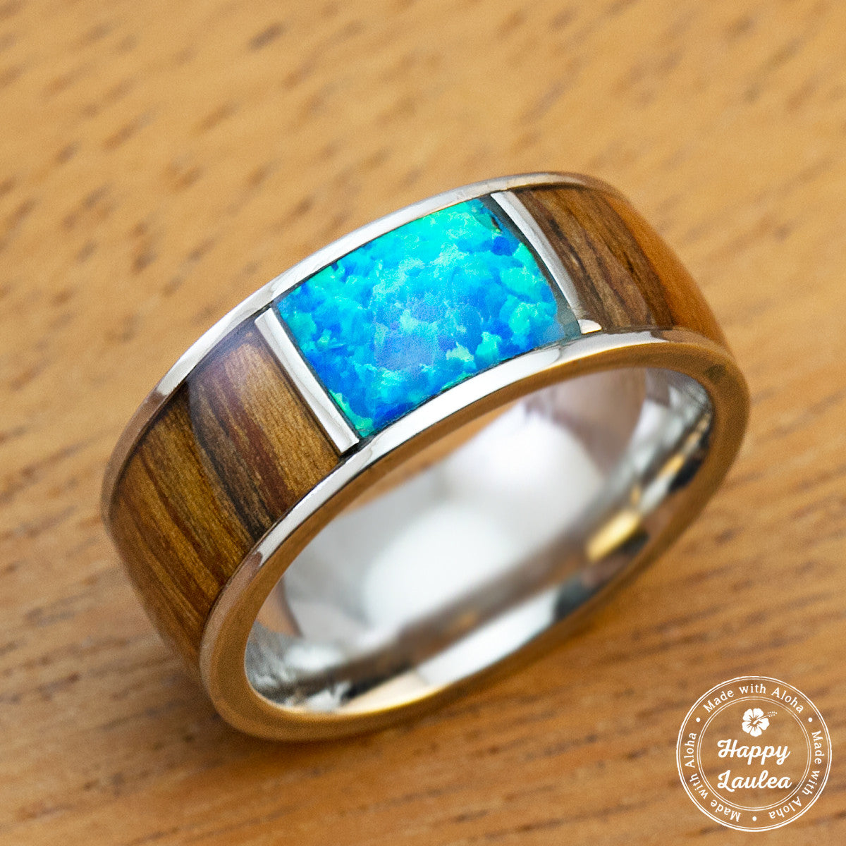 Stainless Steel Ring with Koa Wood & Center Opal Inlay - 8mm, Dome Shape, Comfort Fitment