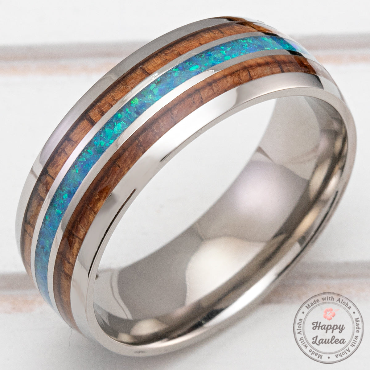 Titanium GR5 Ring [8mm width] Azure Blue Opal & Hawaiian Koa Wood