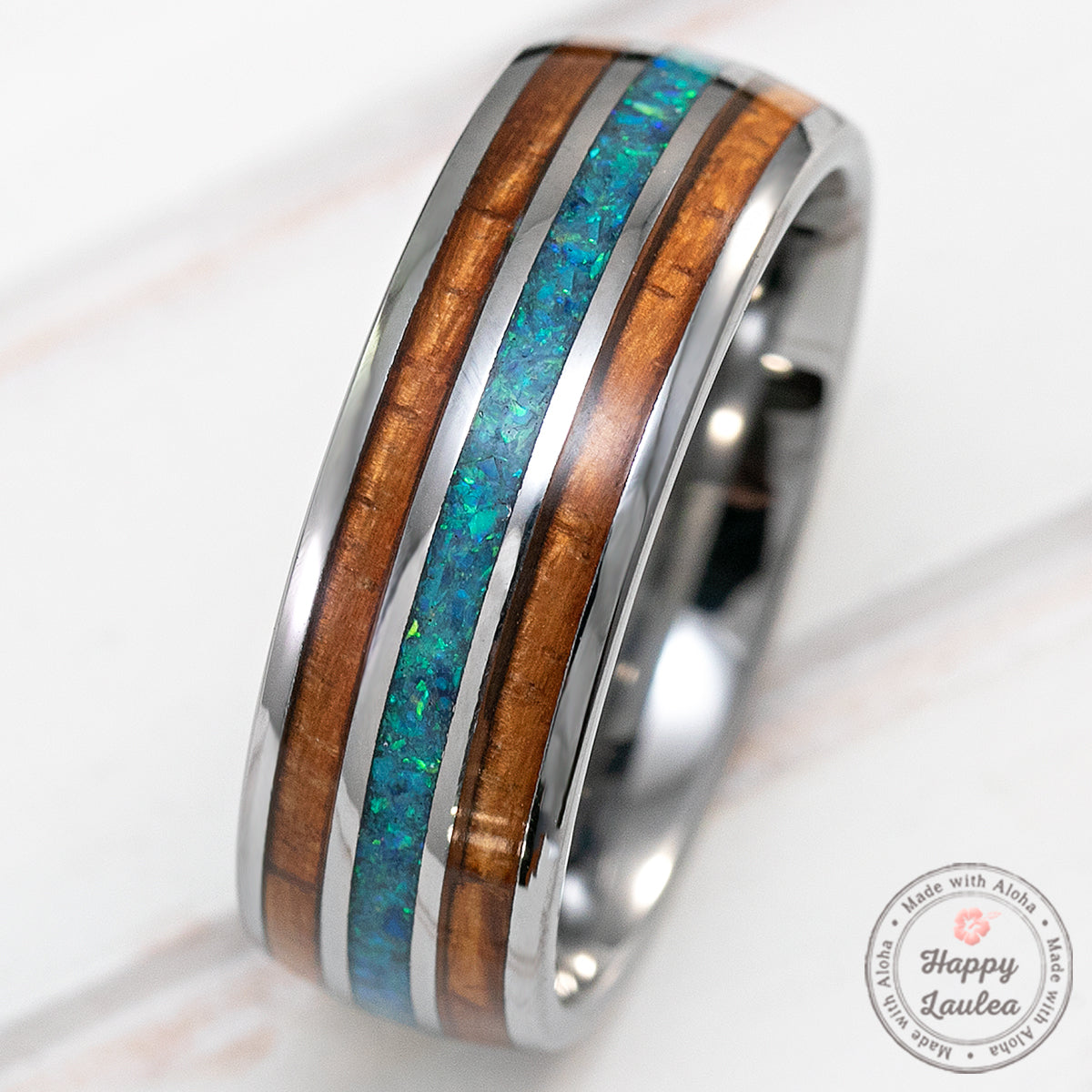 Tungsten Carbide Ring [8mm width] Green Opal & Hawaiian Koa Wood  Tri-Inlay