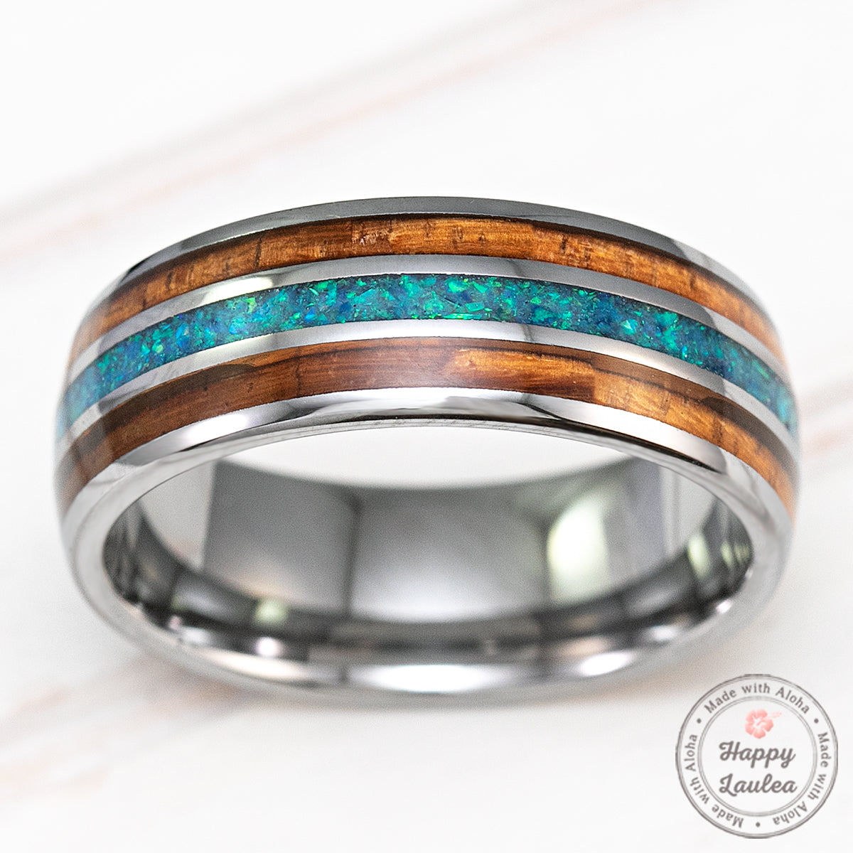 Tungsten Carbide Ring [8mm width] Green Opal & Hawaiian Koa Wood  Tri-Inlay