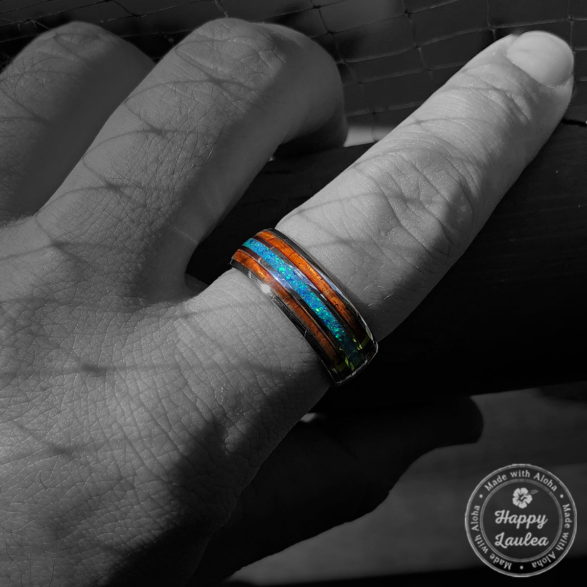 Tungsten Carbide Ring [8mm width] Green Opal & Hawaiian Koa Wood  Tri-Inlay