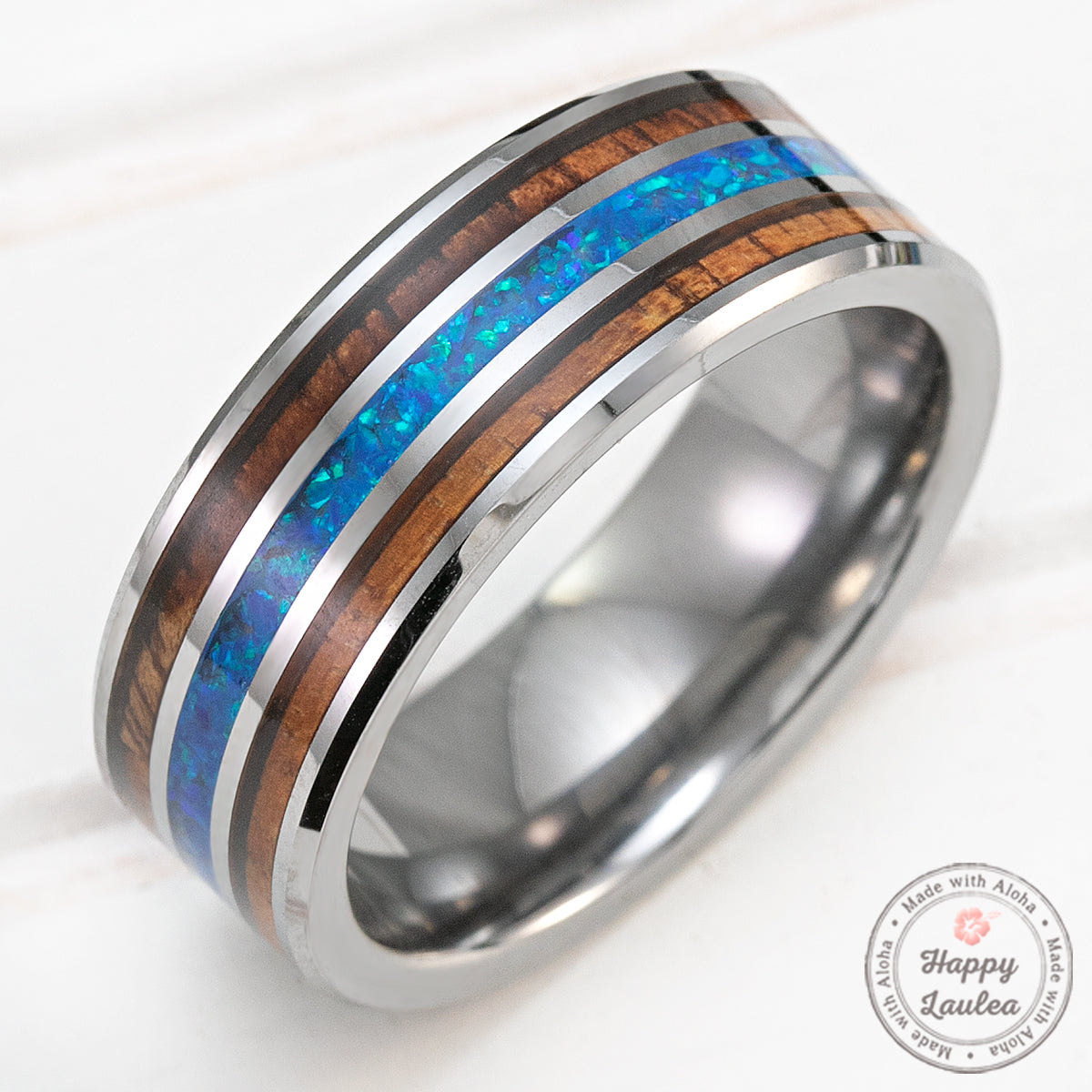 Tungsten Carbide Beveled Edge 8mm Ring with Hawaiian Koa & Azure Blue Opal Tri-Inlay - Flat Shape, Comfort Fitment