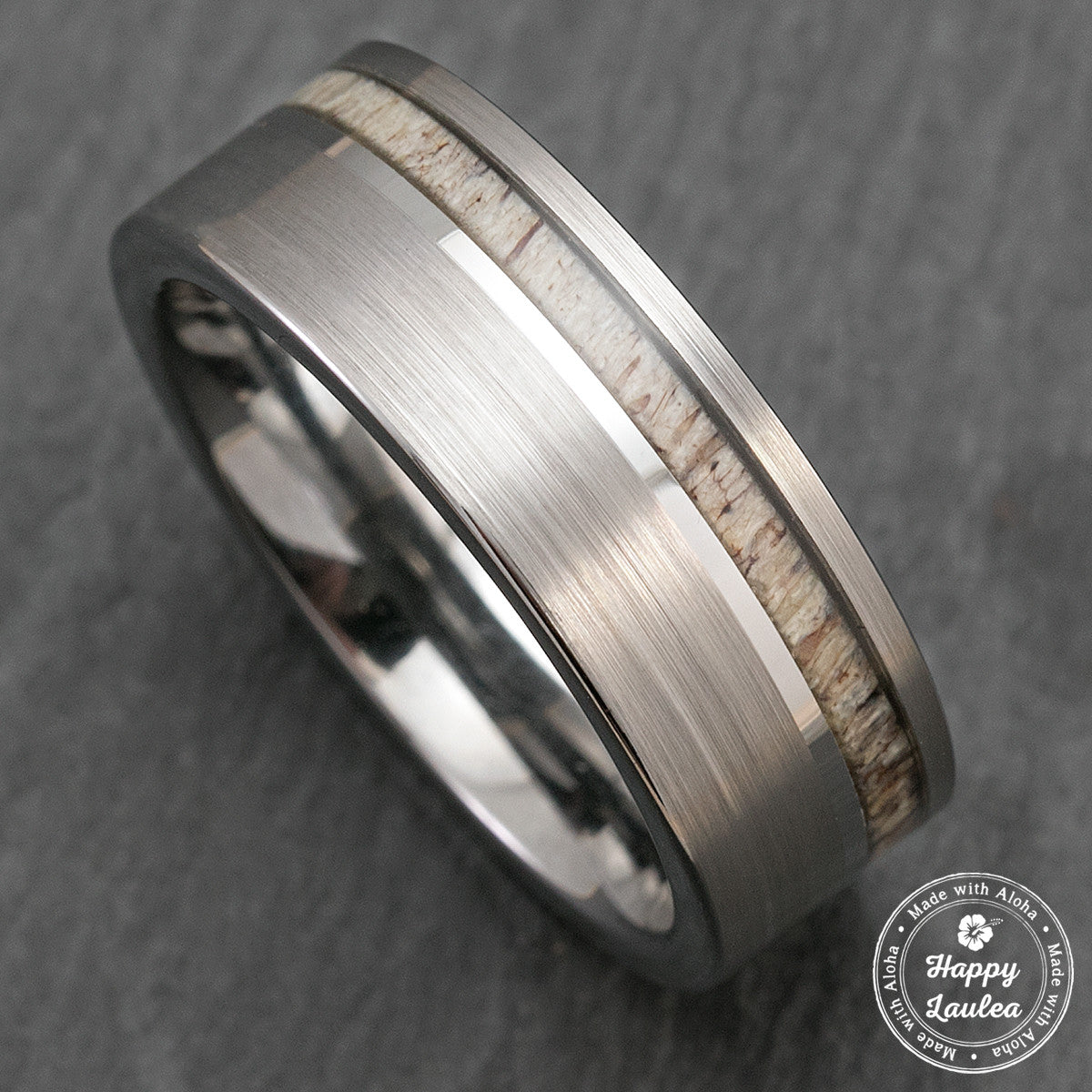 Tungsten Carbide Brush Finish Ring with Offset Antler Inlay - 8mm, Flat Shape, Comfort Fitment