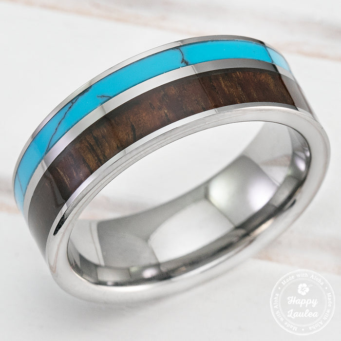 Tungsten Carbide Ring with Dark Koa Wood & Turquoise Offset Inlay - 8mm, Flat Shape , Comfort Fitment