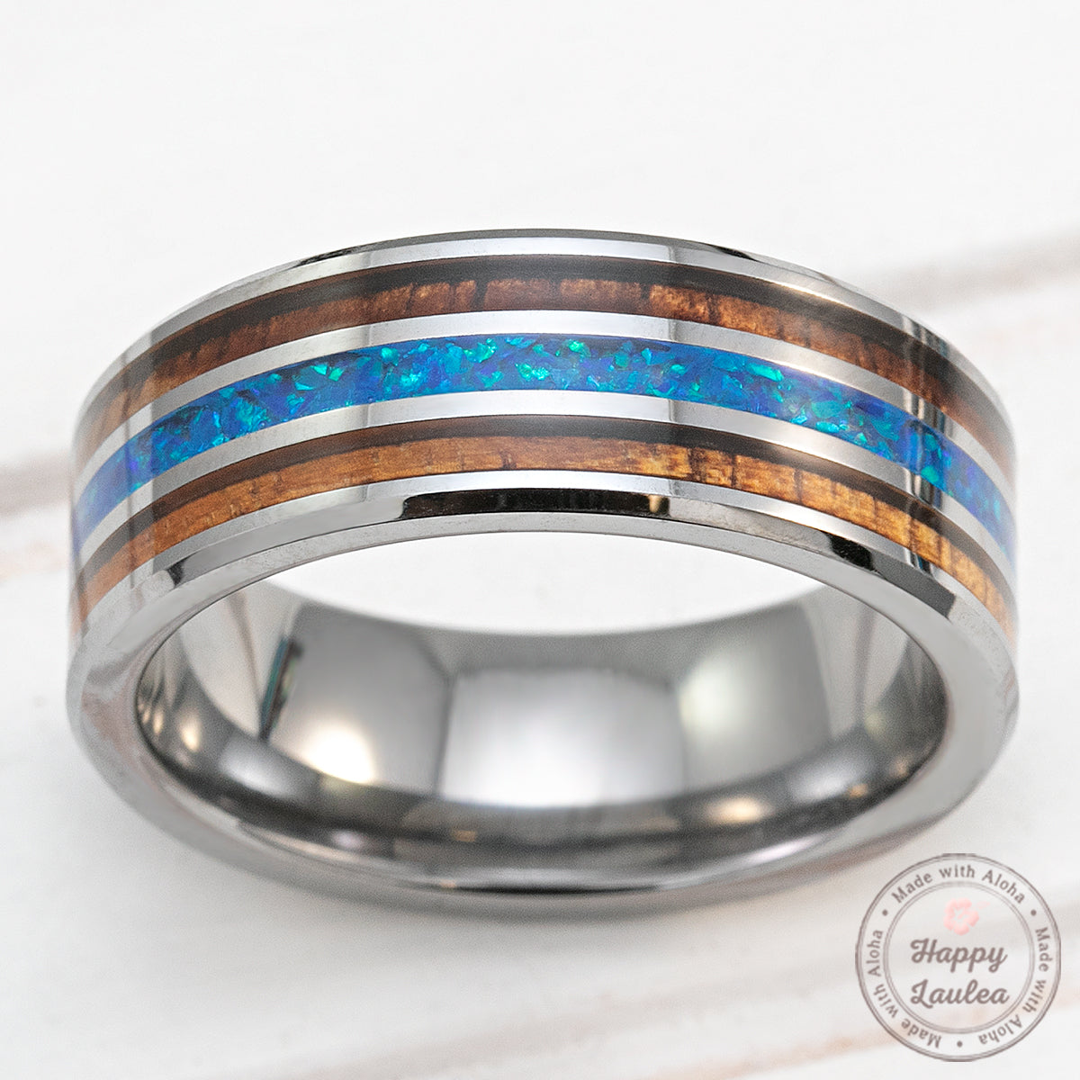 Tungsten Carbide Beveled Edge 8mm Ring with Hawaiian Koa & Azure Blue Opal Tri-Inlay - Flat Shape, Comfort Fitment