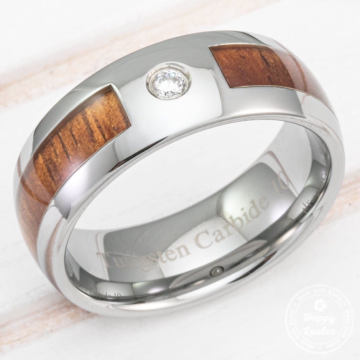 Tungsten Carbide Cubic Zirconia Ring with Hawaiian Koa Wood Inlay - 8mm, Dome Shape, Comfort Fitment