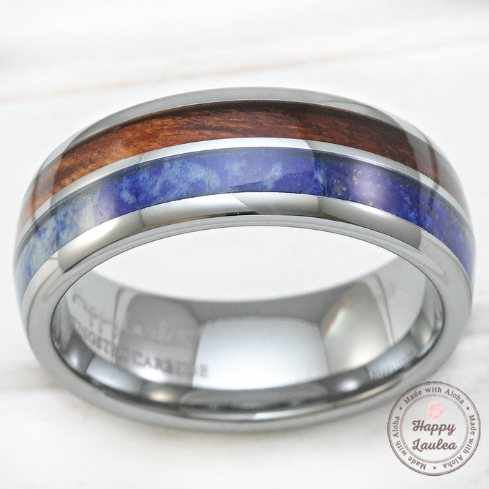 Tungsten Carbide Ring with Koa Wood & Lapis Lazuli Duo Inlay - 8mm, Dome Shape, Comfort Fitment