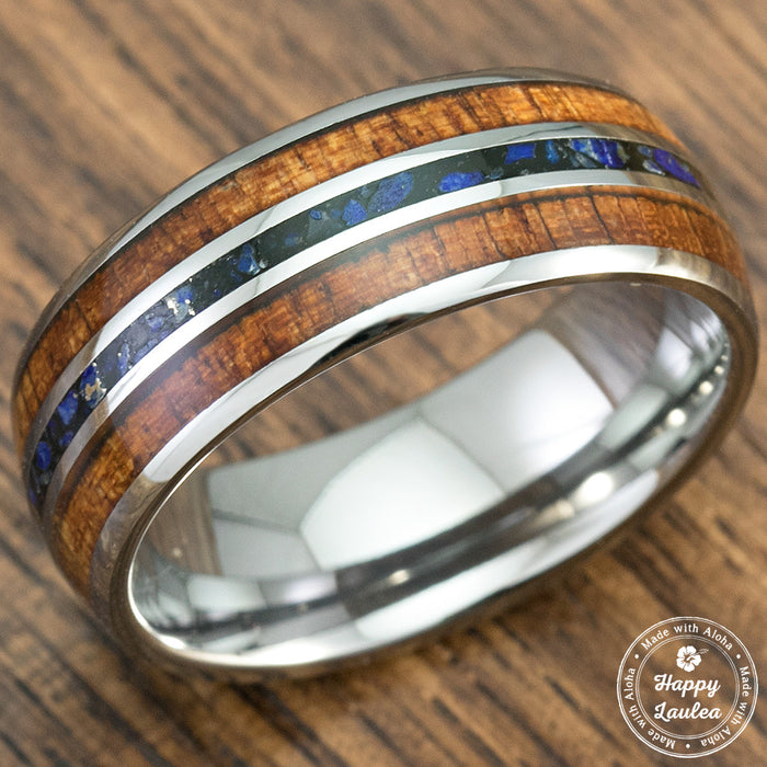 Tungsten Carbide Ring with Koa Wood & Lapis Lazuli Tri Inlay - 8mm, Dome Shape, Comfort Fitment