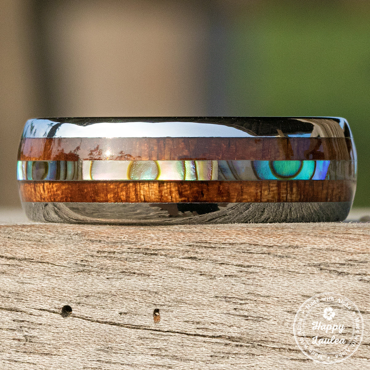 Tungsten Carbide Ring with Mid-Abalone Shell & Hawaiian Koa Wood Inlay (No Mid Tungsten Strips) - 8mm, Dome Shape, Comfort Fitment