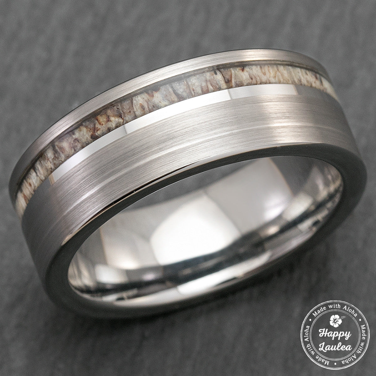Tungsten Carbide Brush Finish Ring with Offset Antler Inlay - 8mm, Flat Shape, Comfort Fitment