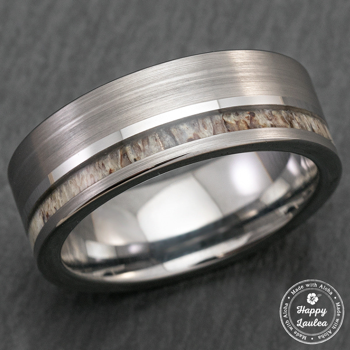 Tungsten Carbide Brush Finish Ring with Offset Antler Inlay - 8mm, Flat Shape, Comfort Fitment