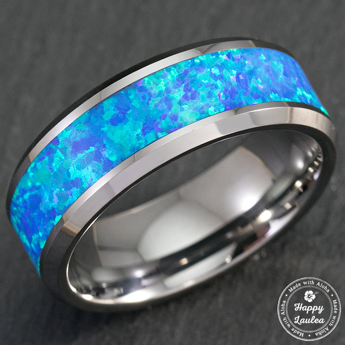 Tungsten Carbide Beveled Ring wth Opal Inlay - 8mm, Flat Shape, Comfort Fitment