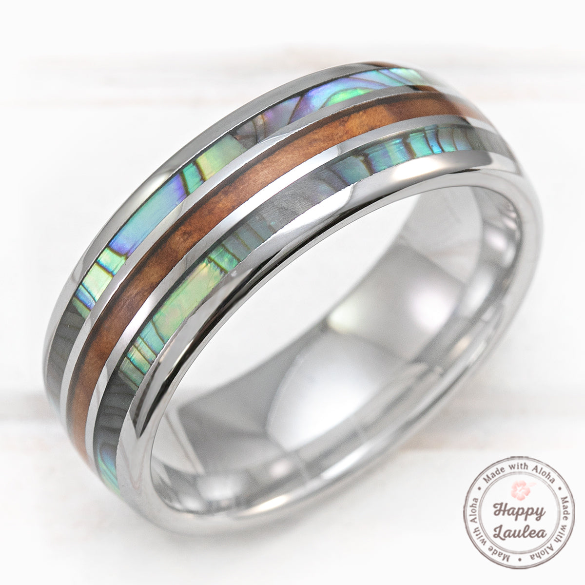 Tungsten Carbide 8mm Ring with Abalone Shell & Hawaiian Koa Wood Tri-Inlay (Shell-Wood-Shell) - Dome Shape, Comfort Fitment