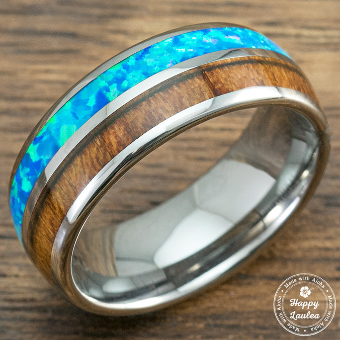 Tungsten Carbide Ring with Blue Opal & Koa Wood Duo Inlay, 6-8mm, Dome Shape, Comfort Fitment